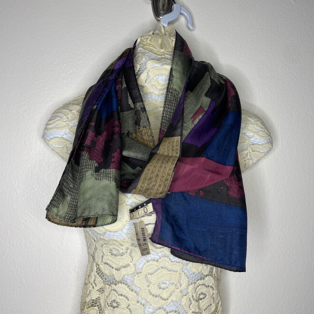 Studio New York Vintage Scarf‎ OS Multi Color Silk Abstract Cityscape Print NWT